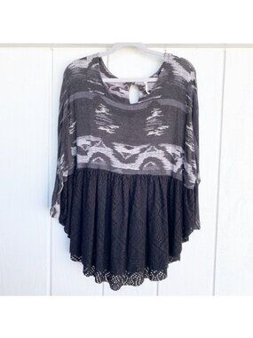 Free People Black Grey Split Back Long Sleeve Eyelet Blouse Women's Small S